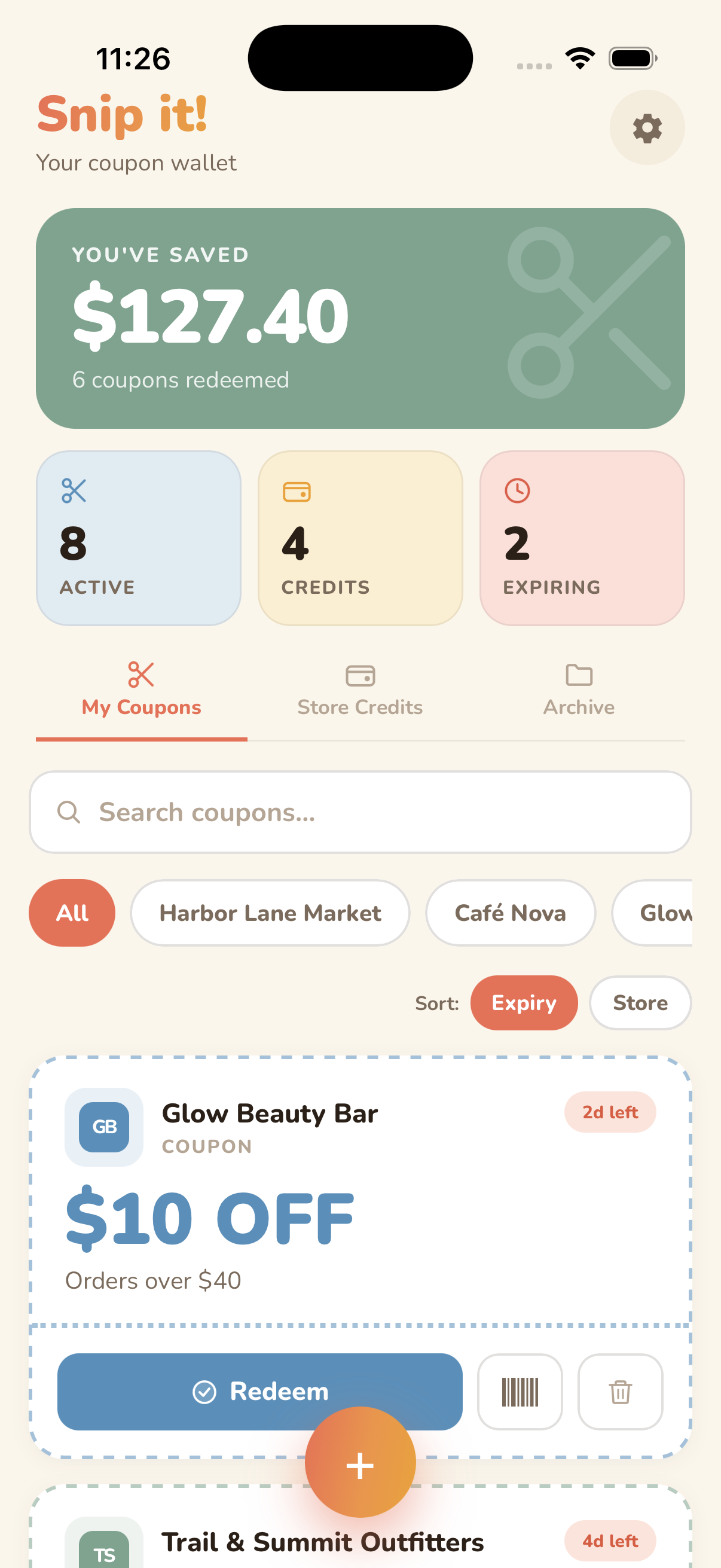 Snip It! app — My Coupons screen