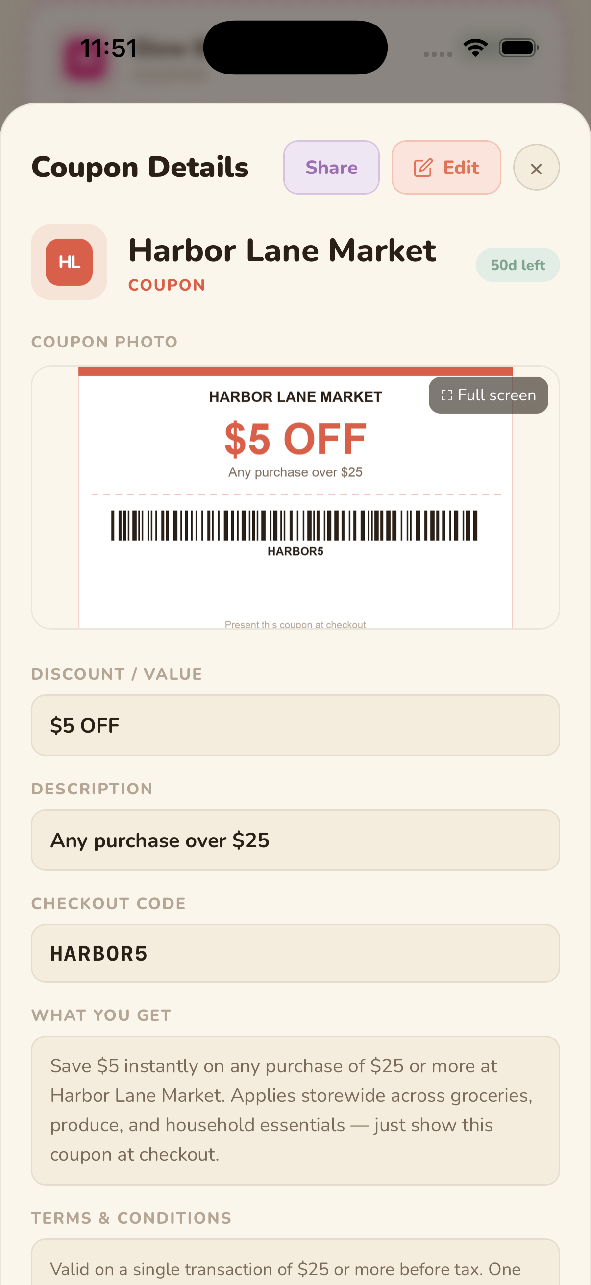 Snip It! coupon details screen after scanning
