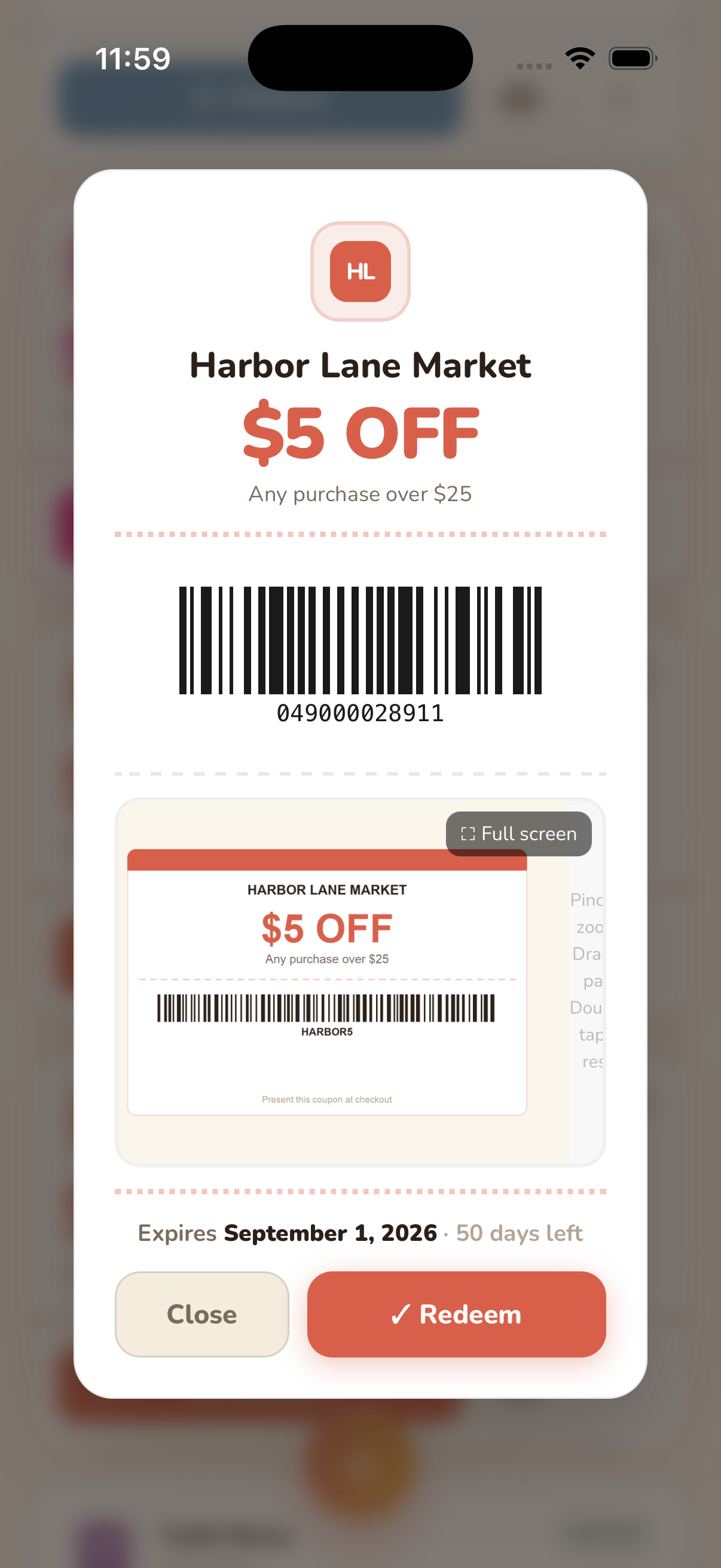 Redeeming a coupon and showing its barcode