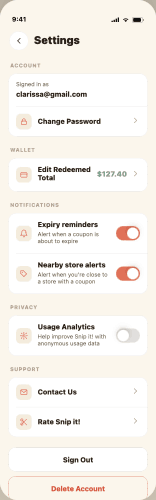 Settings screen